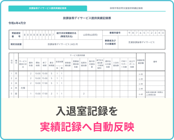 入退室記録を実績記録へ自動反映