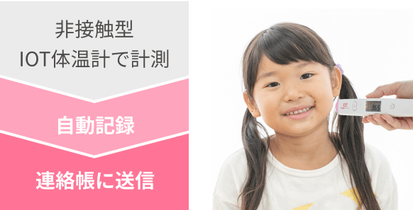 非接触型IOT体温計で計測 → 自動記録 → 連絡帳に送信